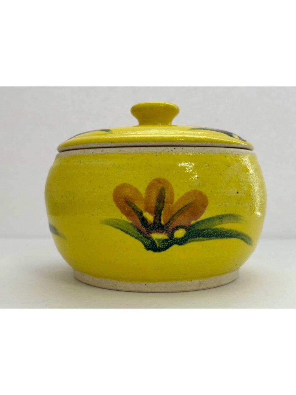 Vintage Vibrant Yellow Lidded Pottery Jar Floral Cottagecore Farmhouse Country - Picture 4 of 8